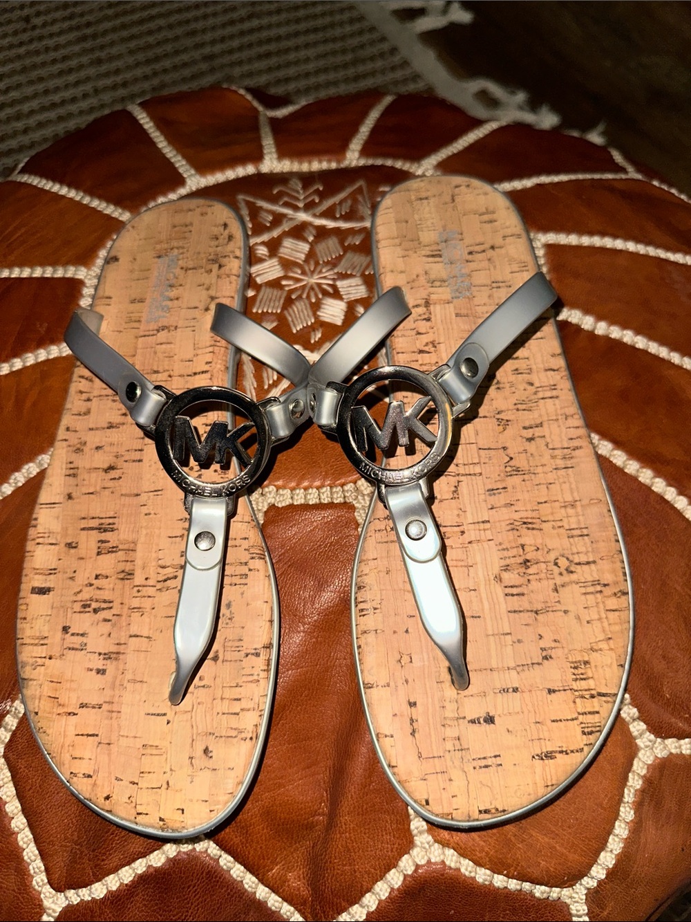 Michael Kors Silver MK Logo Jelly Cork-Top Thong Sandals